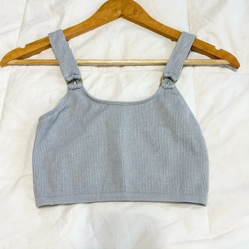 Aerie Ring Double Strap Seamless Ribbed Longline Bralette Blue Gray Small
